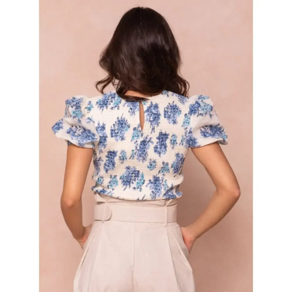 Ivy City Co Odette Blouse Floral Short Puff Sleeve Crew Neck Smocked Top Cotton